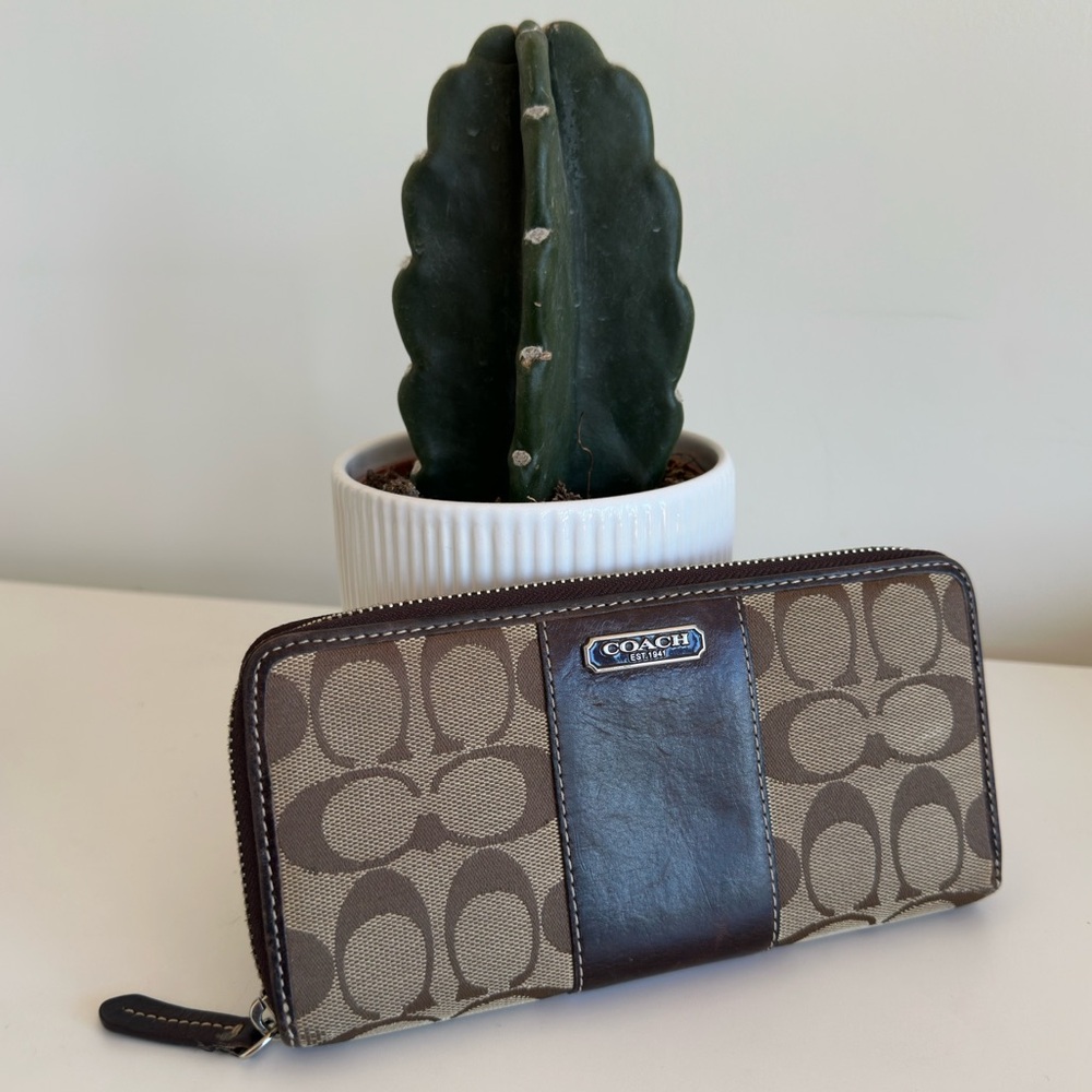 Coach Signature Brown and Tan Zip Wallet